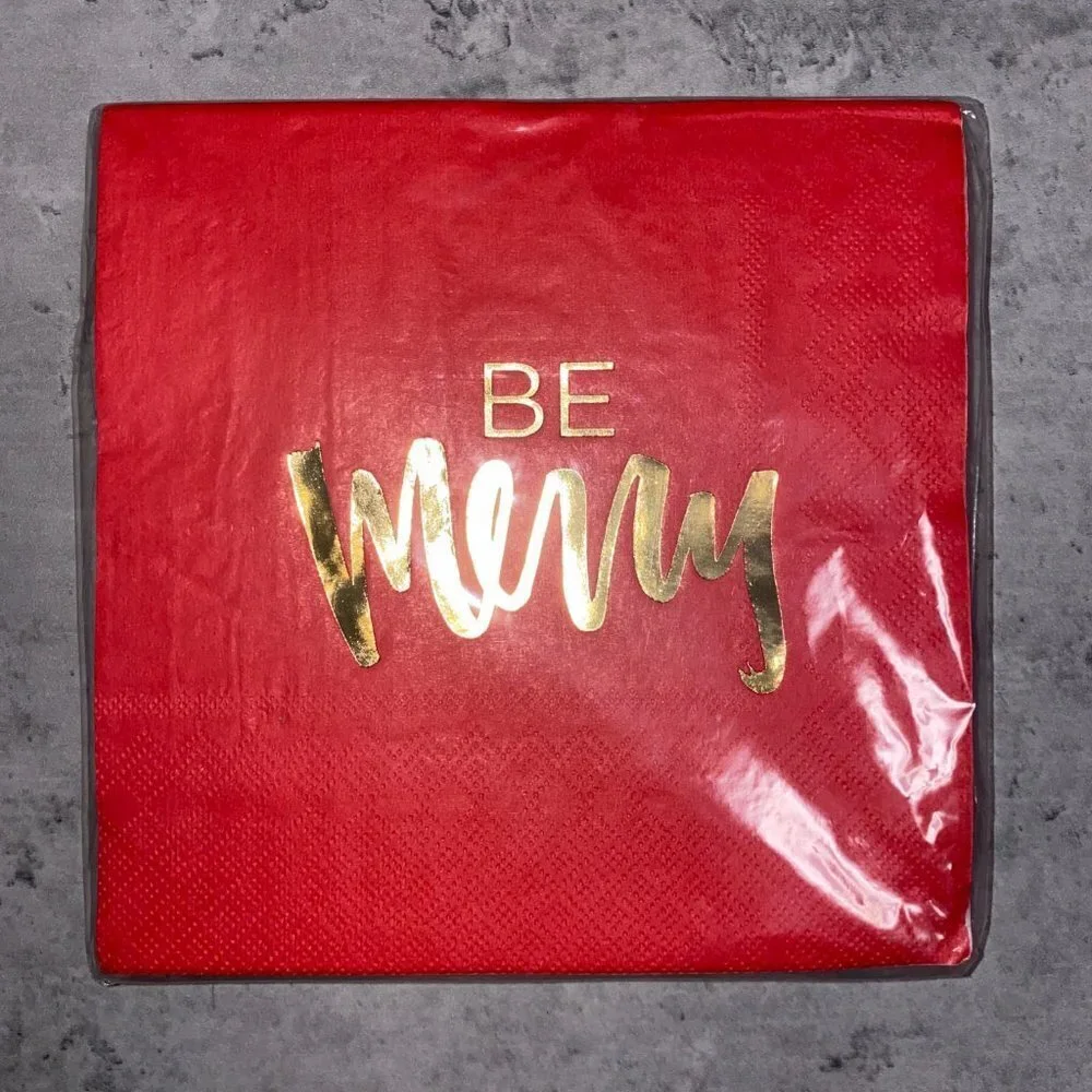 30ct Be Merry Napkins - Red and Gold Script
